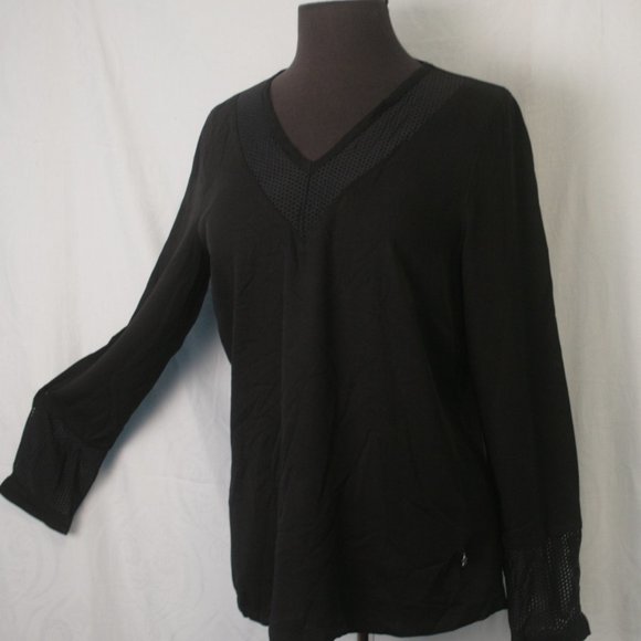 Black V-Neck Blouse with Open Mesh at Neck and Wrists - Picture 1 of 5